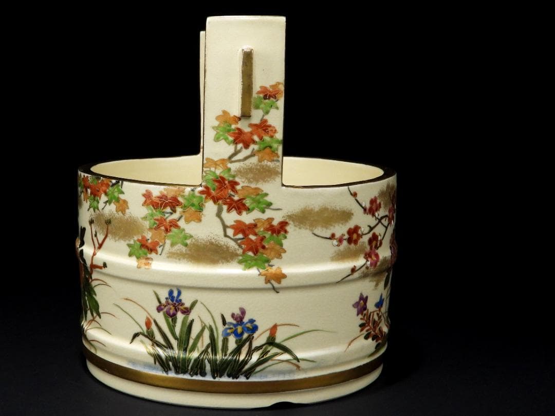 時代 薩摩焼 金彩色絵 花卉紋 手桶 水指 煎茶道具