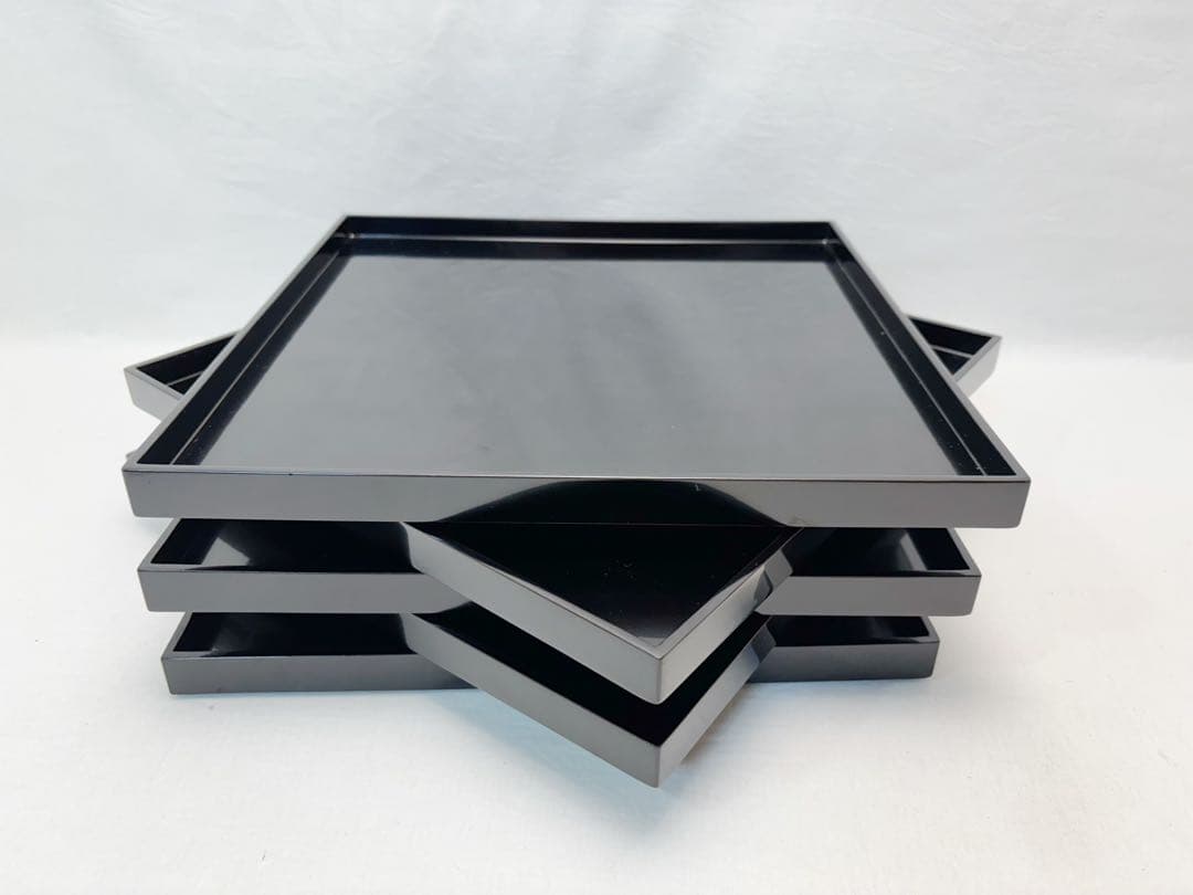 ほぼ未使用 懐石道具 輪島塗り 木製黒真塗 会席膳 四方膳 5客揃 銘々盆