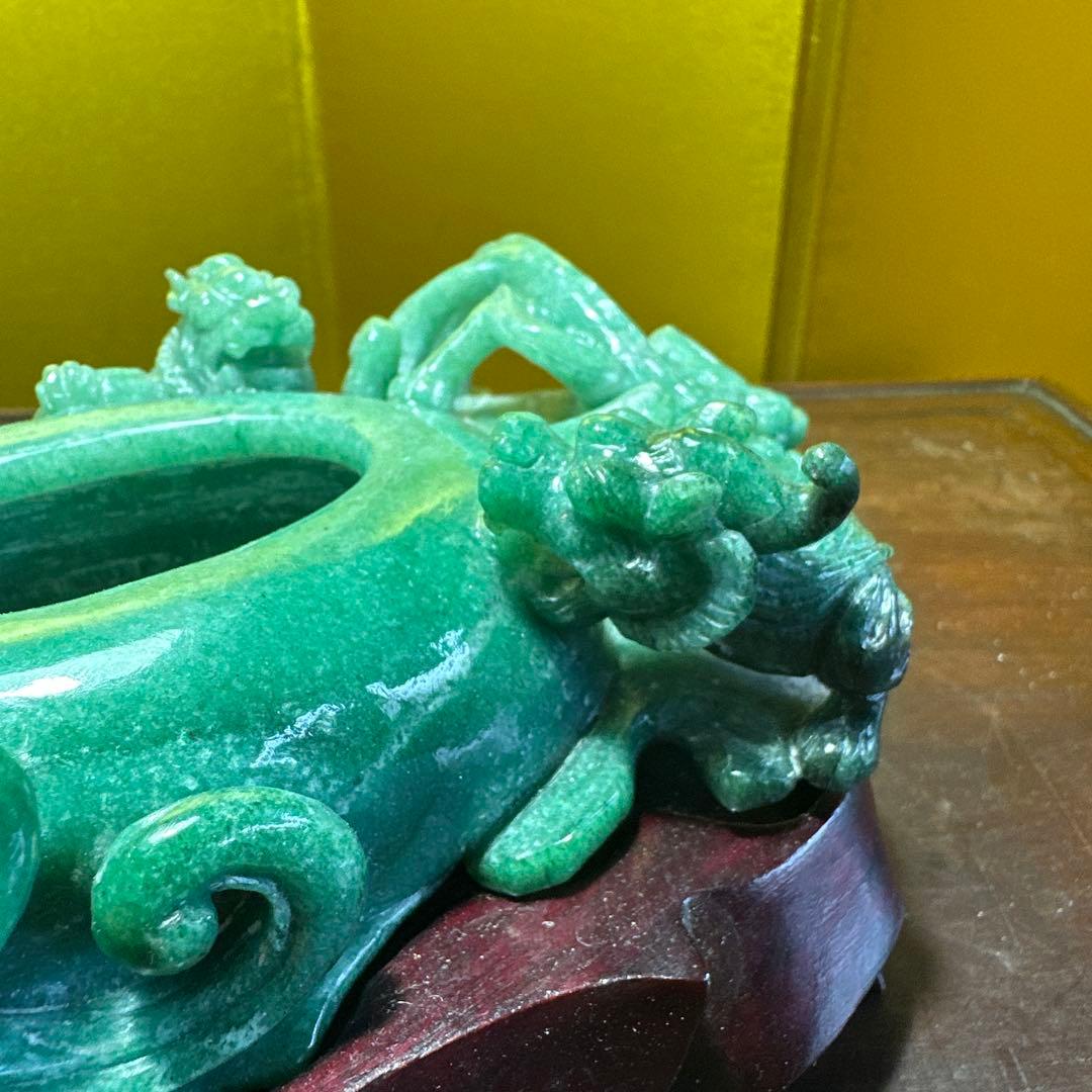 翡翠，置物，文房具，彫刻 ，木製台座付き
