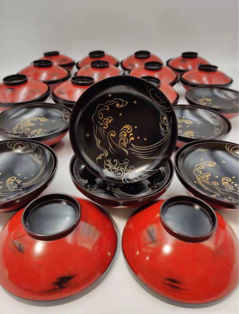 古い根来塗　蓋付汁椀　吸物椀　木製蒔絵椀20客　懐石料理　木箱付　漆芸　古美術