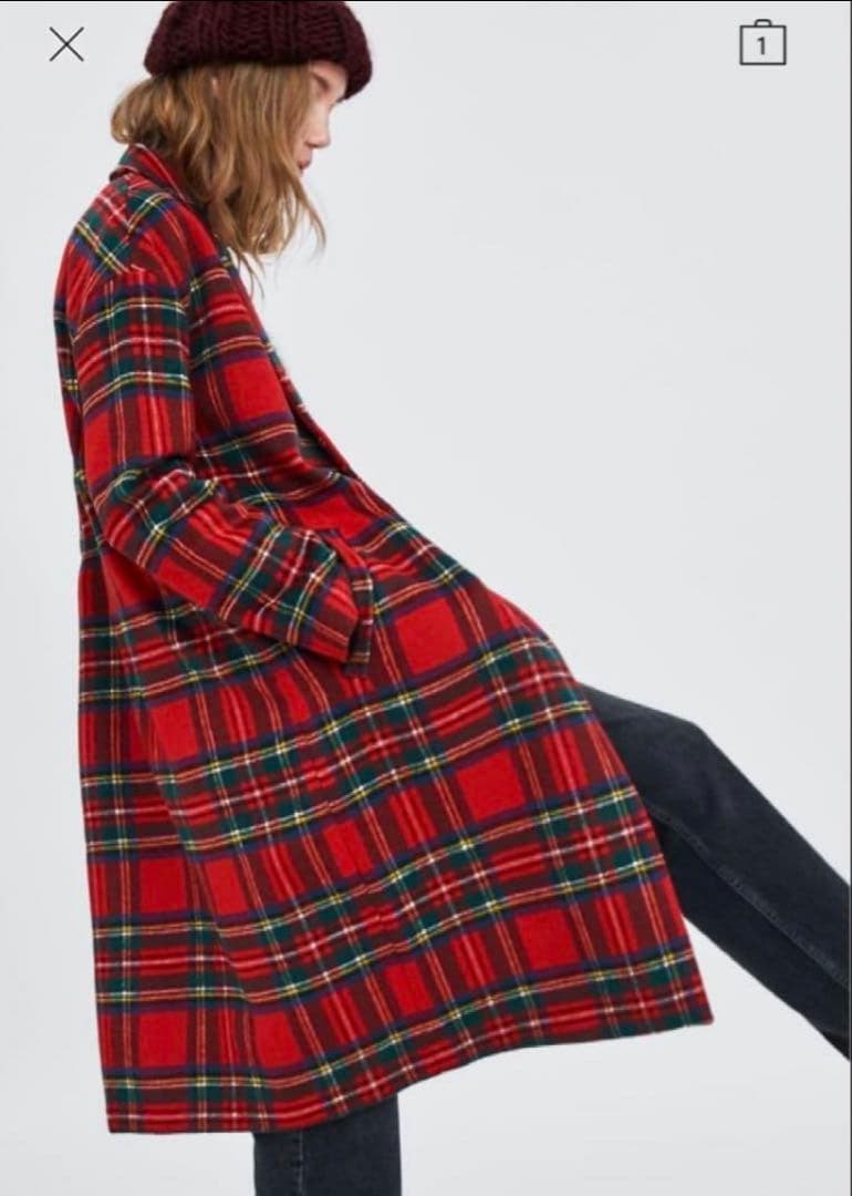 ZARA trf チェック柄 赤　チェスターコート ロングコート　秋冬