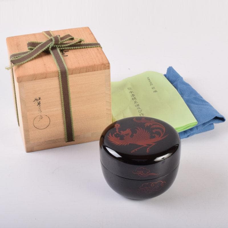 茶道具　山中塗　塗師　前端雅峯作　雲鳳凰蒔絵　大棗　共箱　V　8469