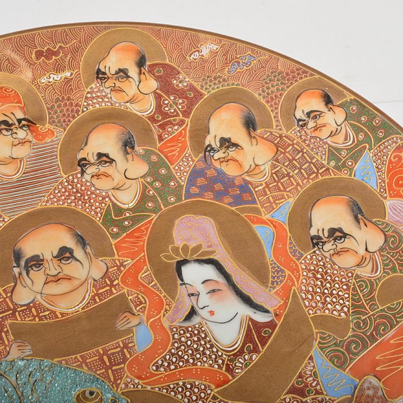 九谷焼　色絵金彩　人物魚文　大皿　飾皿　直径約36㎝　在銘　V　5780C