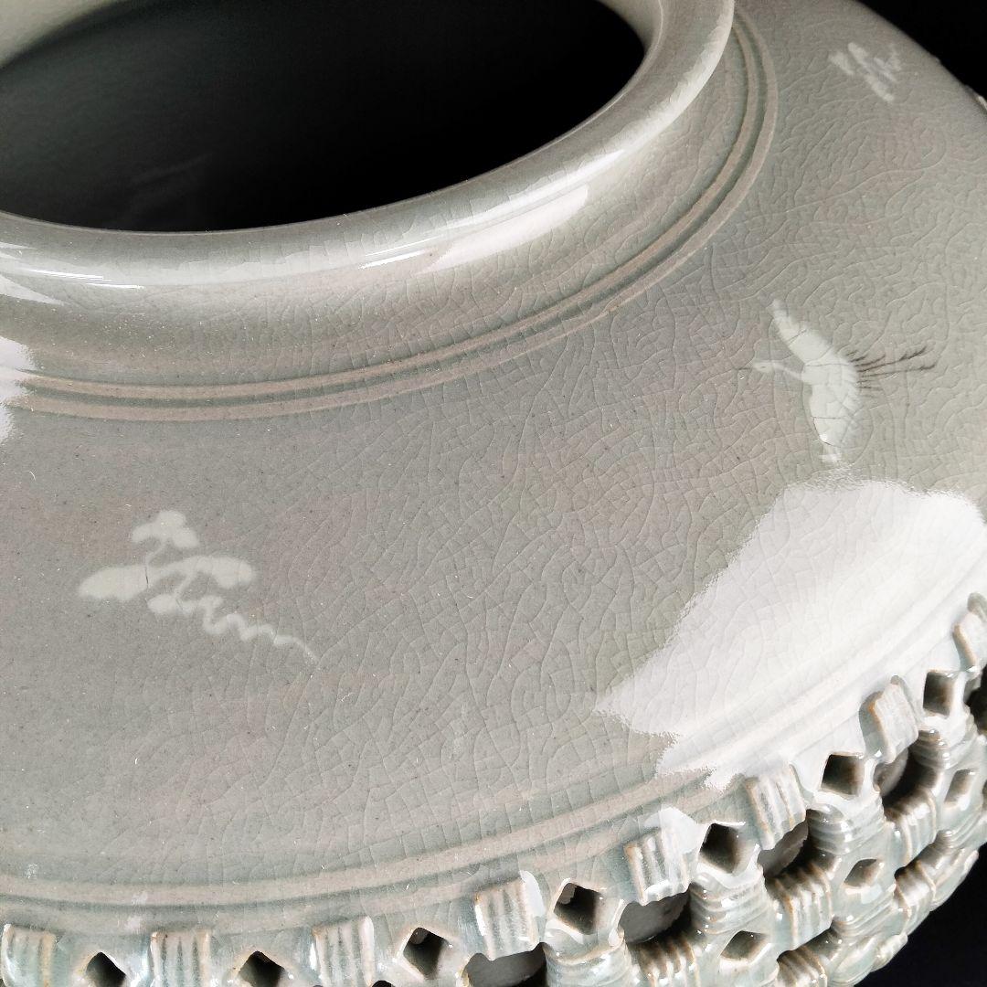 Y913 個展図録品 韓国人間文化財 青坡窯 李段九 高麗青磁二重透彫丸壷