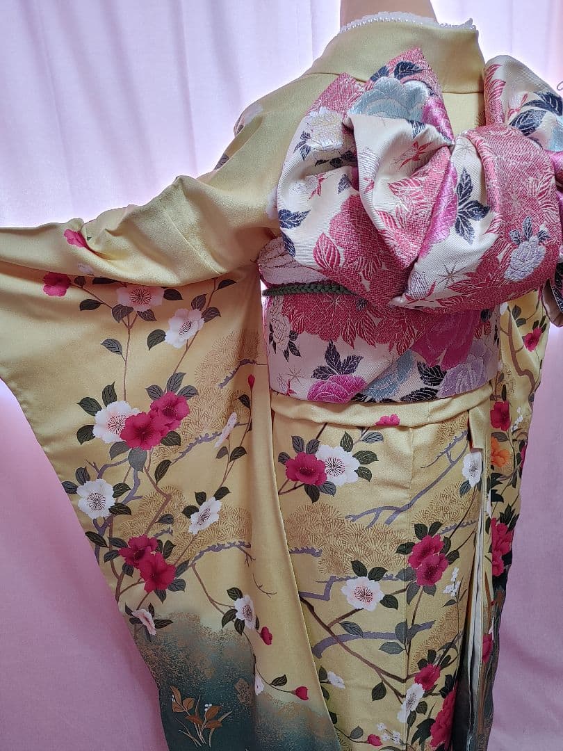 豪華　牡丹　振袖　袋帯　帯揚げ　帯締めセット　刈安色(薄い緑がかった黄色)