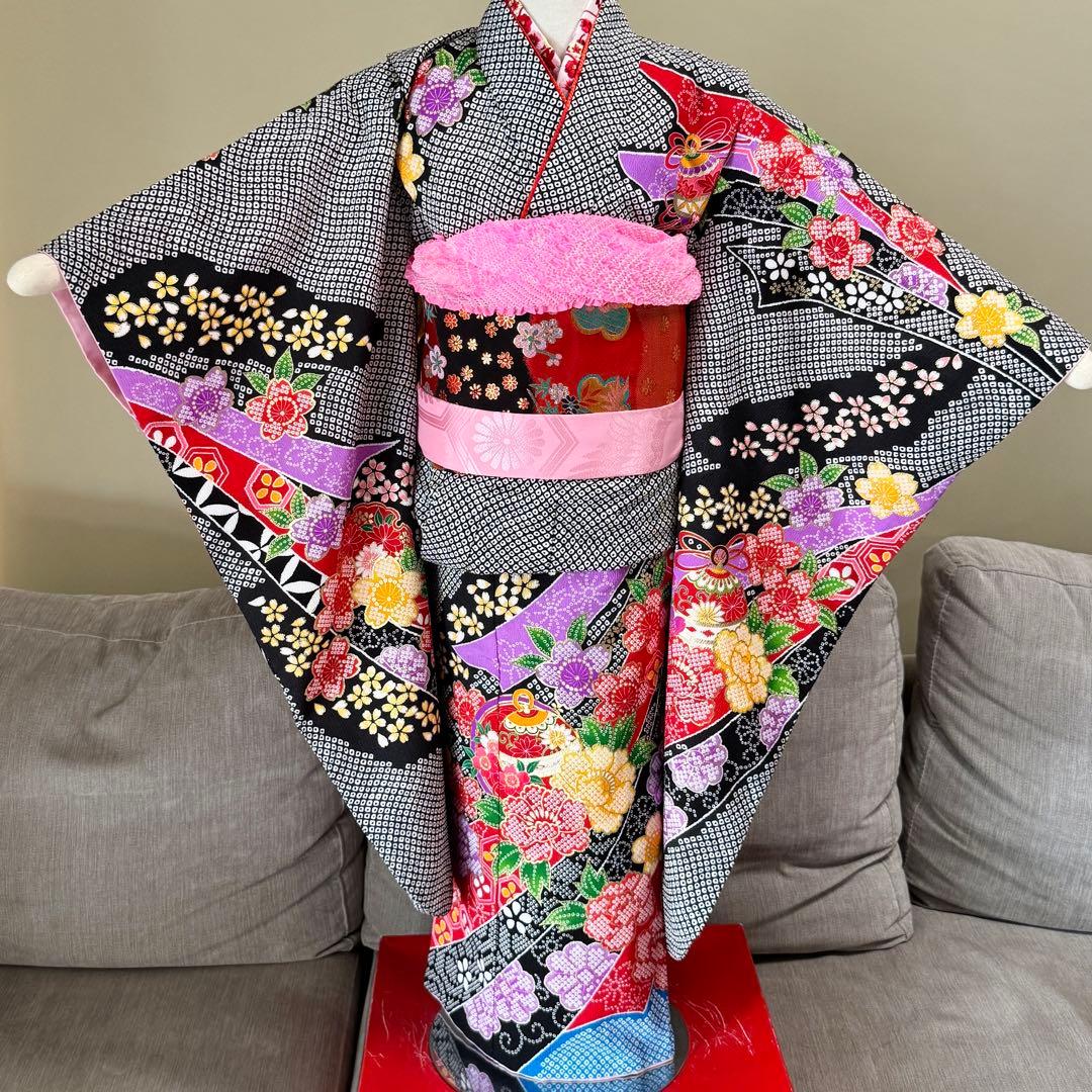 七五三着物帯セット　7歳　黒系　絞り柄