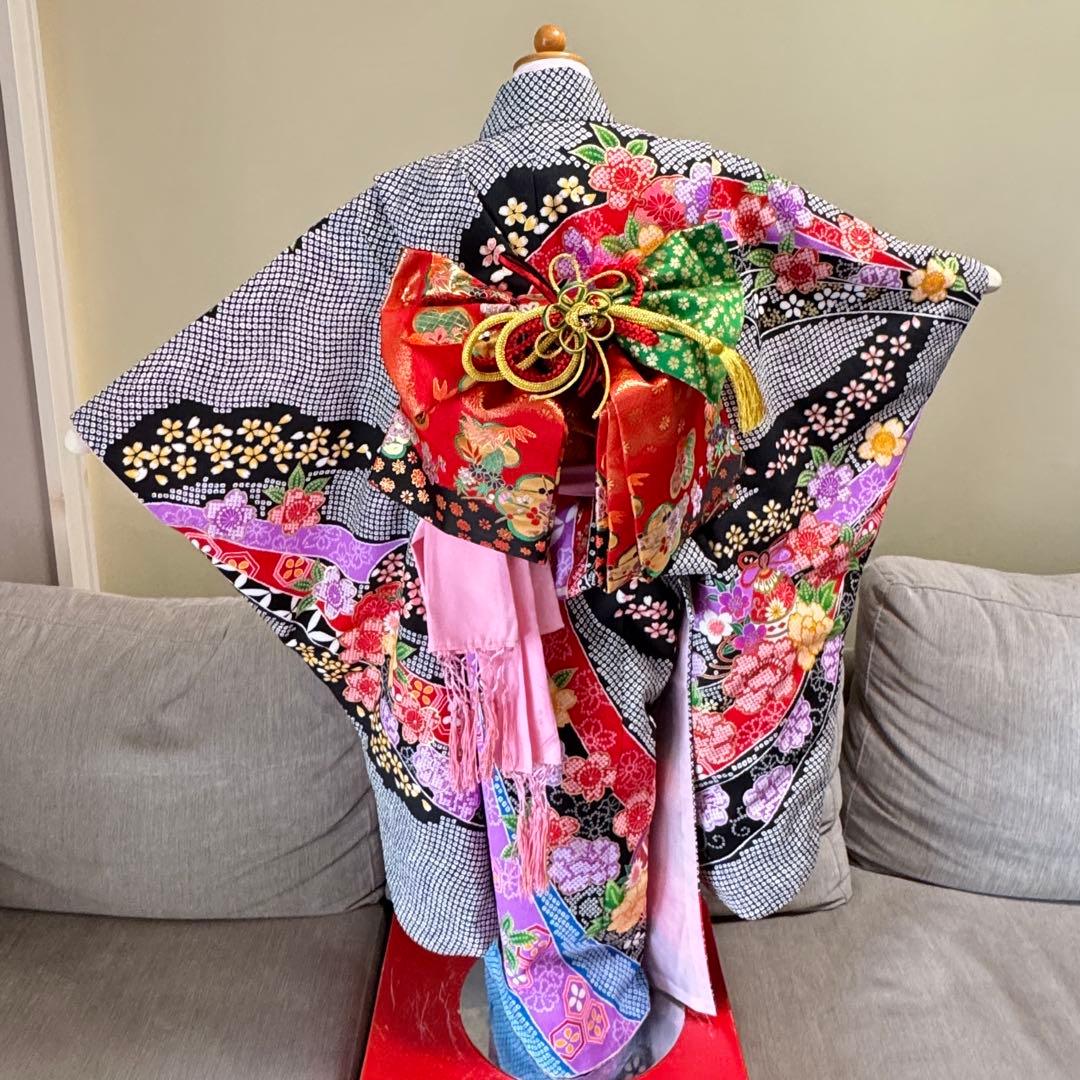 七五三着物帯セット　7歳　黒系　絞り柄