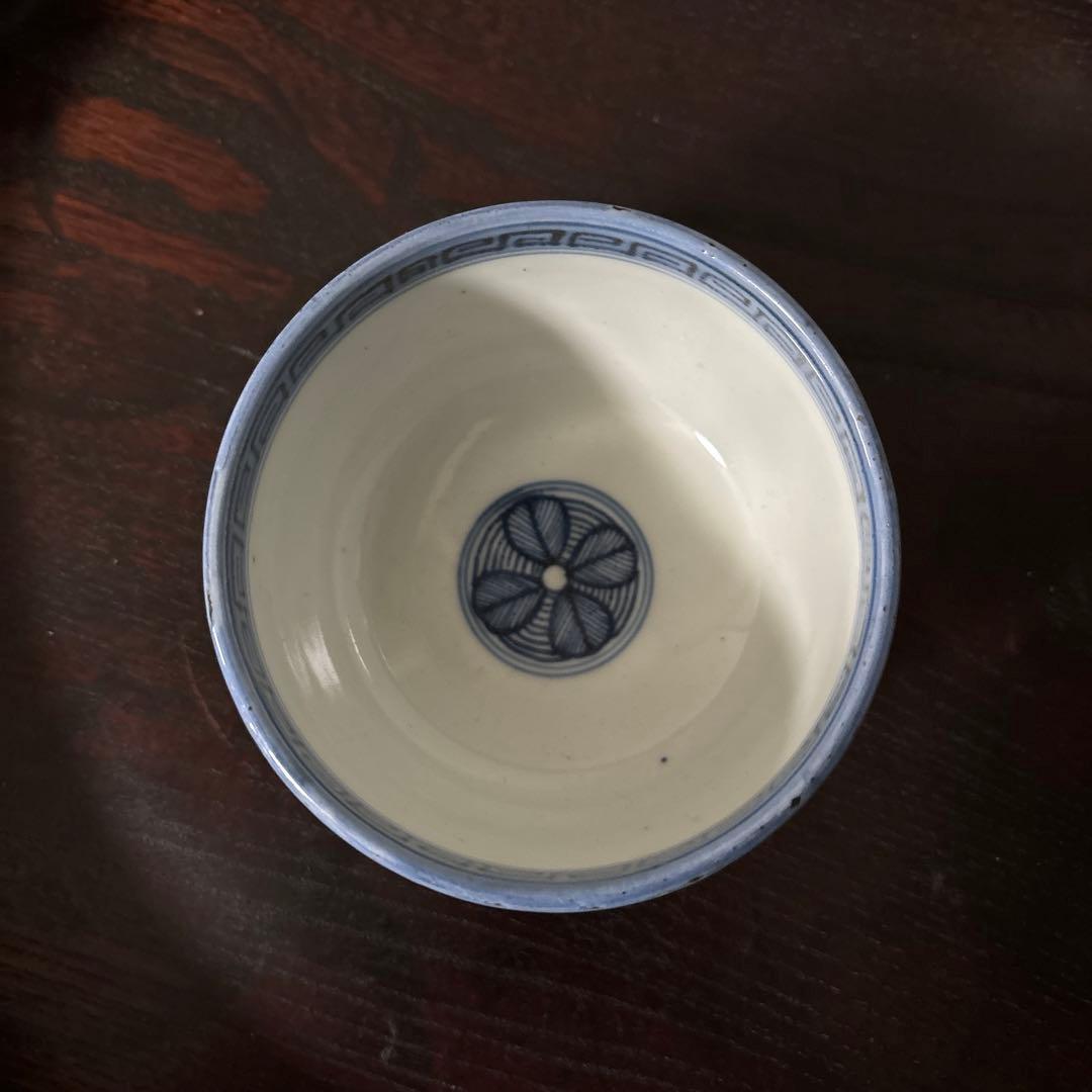 古伊万里幾何学紋染付　湯呑み1点　ころ茶碗　江戸時代　アンティーク　白磁　検李朝