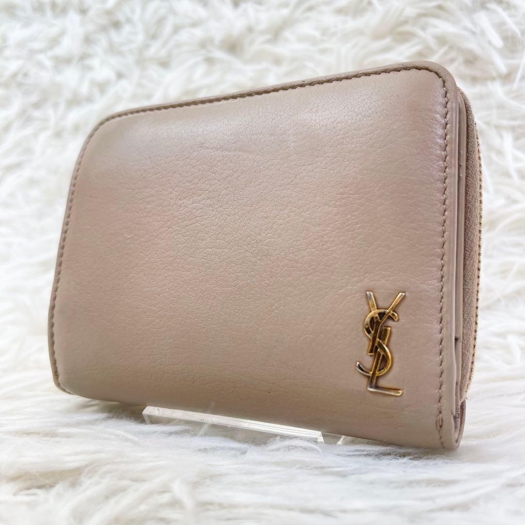 美品/現行✨イヴサンローラン 二つ折り財布　カサンドラ　YSL　ピンクベージュ