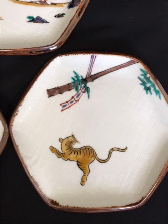 九谷焼の名工　三ツ井為吉　絵変わり　六角　銘々皿5客　K202 本物保証