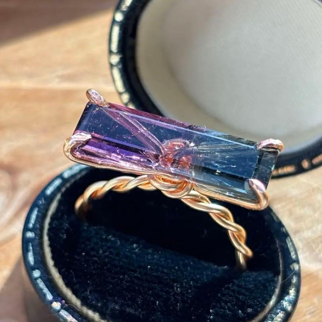 美品　希少　バイカラートルマリン　リング　ハンドメイド　k14gf 15号