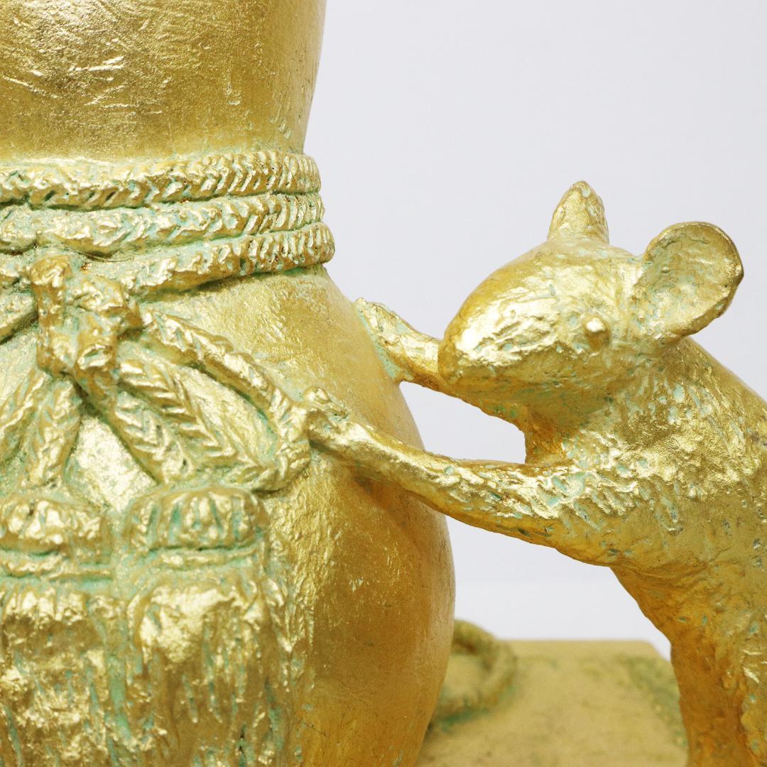 壽　富永直樹 ブロンズ 金箔仕上 鼠 瓢箪 台座 共箱 冊子 寿 置物