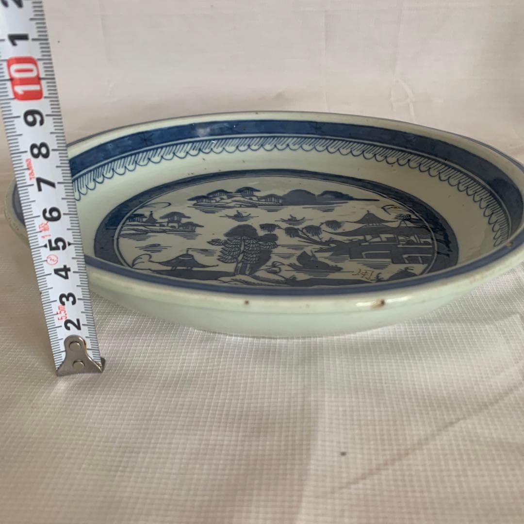 染付鉢 清朝期 山水閣楼 25cm 唐物 青花皿