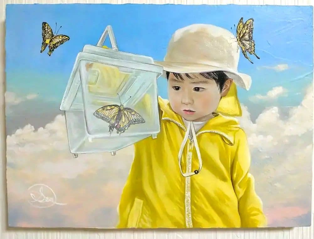 油絵【観て育つ】1点物の原画/F4号サイズ/人物画/油彩画◆者サイン入り