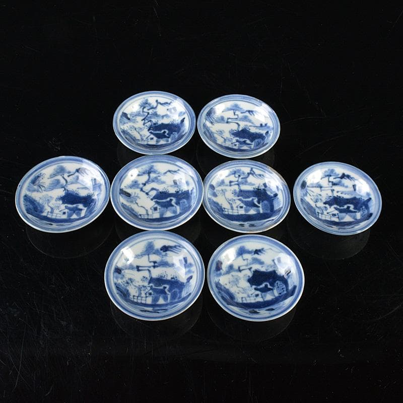 伊万里焼　古伊万里　染付　山水文　盛塩皿　小皿　八客　時代箱　V　R6377