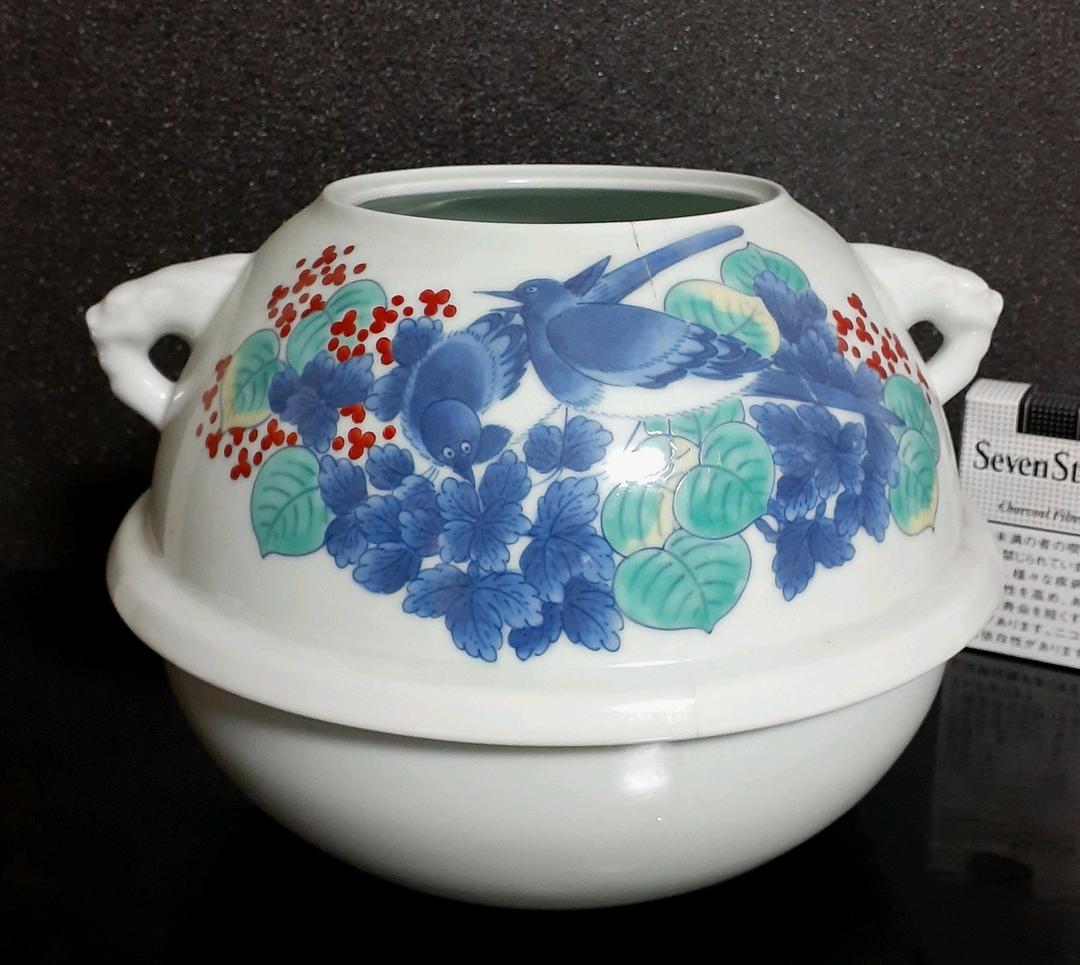 【本物保証】江戸時代中期　盛期色鍋島　鶺鴒(せきれい)図　鬼面　茶釜花入　官窯