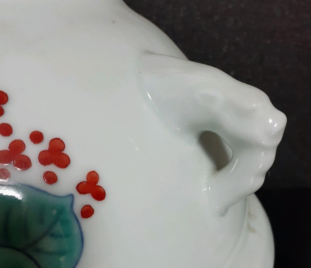 【本物保証】江戸時代中期　盛期色鍋島　鶺鴒(せきれい)図　鬼面　茶釜花入　官窯