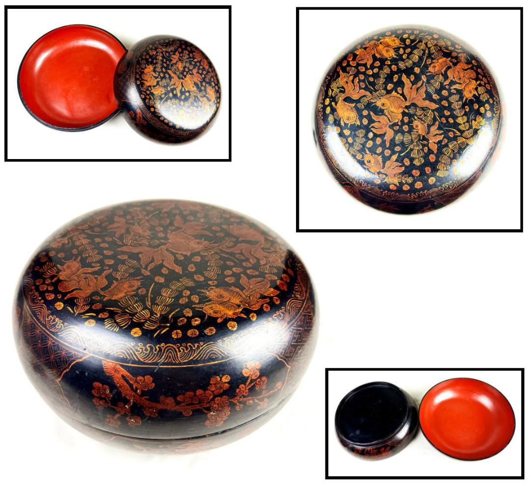 時代物 木製描金魚藻文蒔絵喰籠 菓子器 約直径32cm 漆器 骨董WWWT073