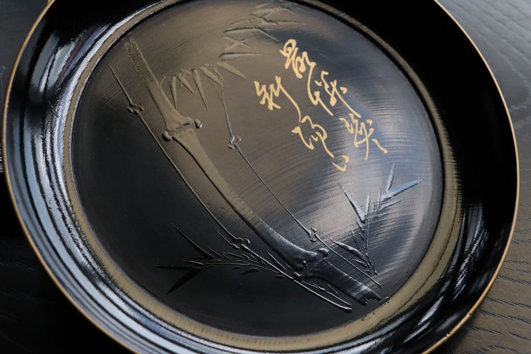 木製漆器 時代 竹図 闇蒔絵 黒塗銘々盆 十九客 15.8cm 木皿 MA17