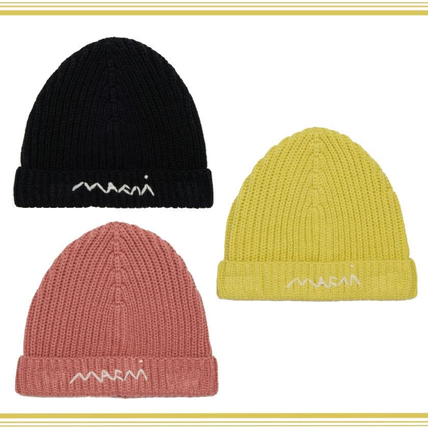 大人もOK! Marni マルニ 刺繍ロゴ リブ ニット帽 ニットキャップ BK