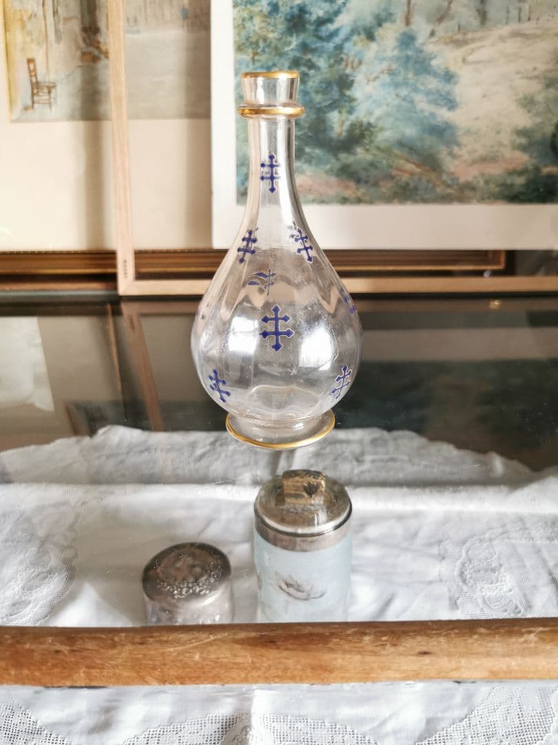 アンティーク ロレーヌ十字☨ エナメル碧 手描き金彩クリスタルデキャンタ