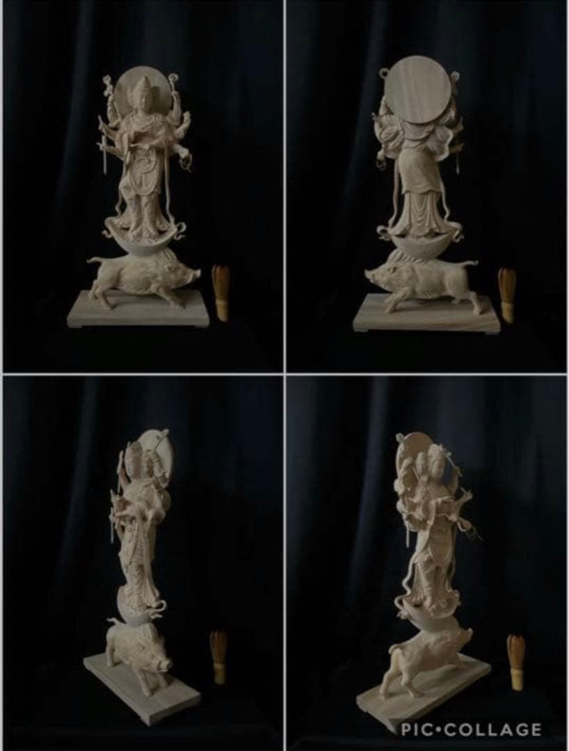 高57cm　井波彫刻　仏教工芸品　楠材　仏師で仕上げ品　護法善神 摩利支天立像