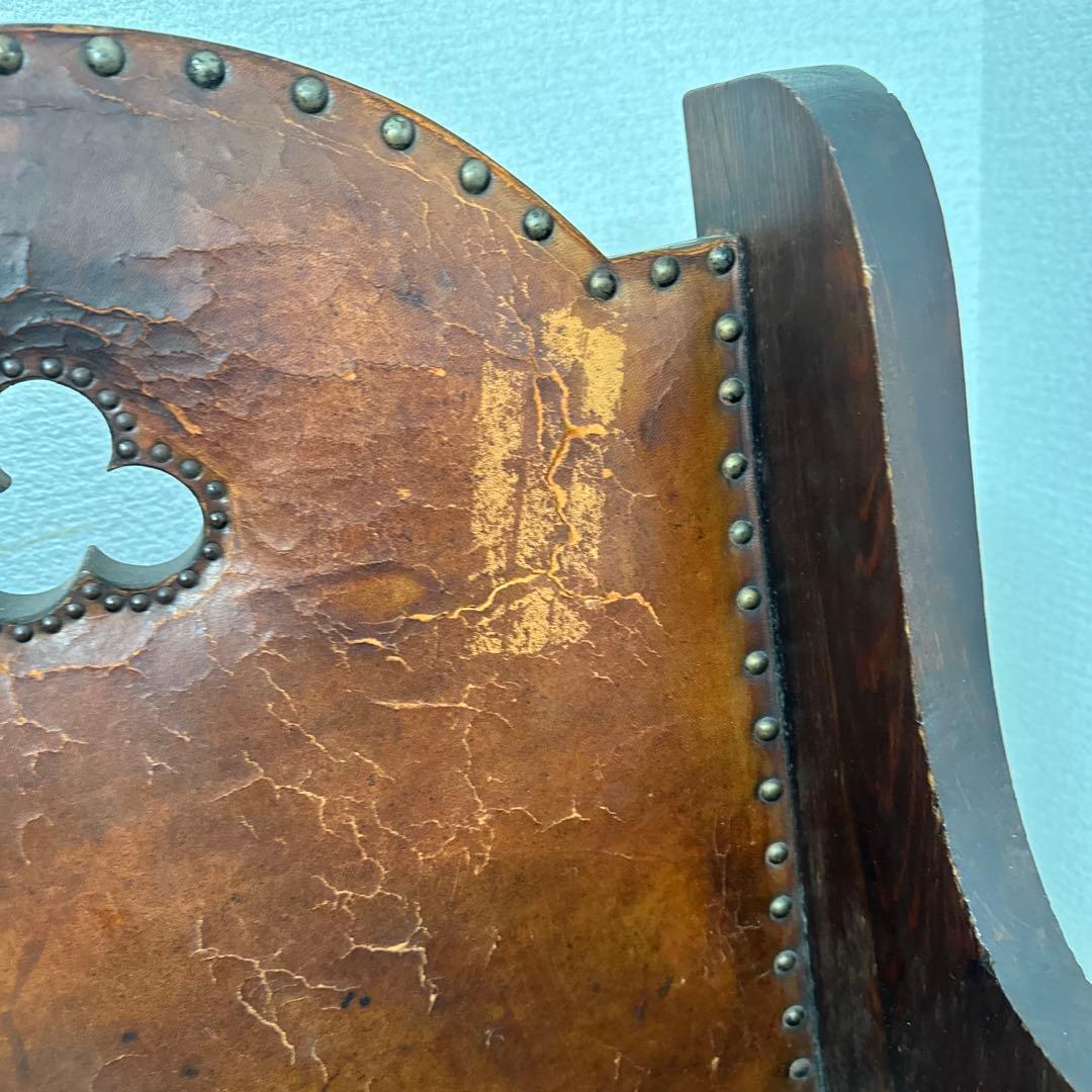 英国 アンティーク チャーチベンチ 木製 レザーシート 単鋲 iso※