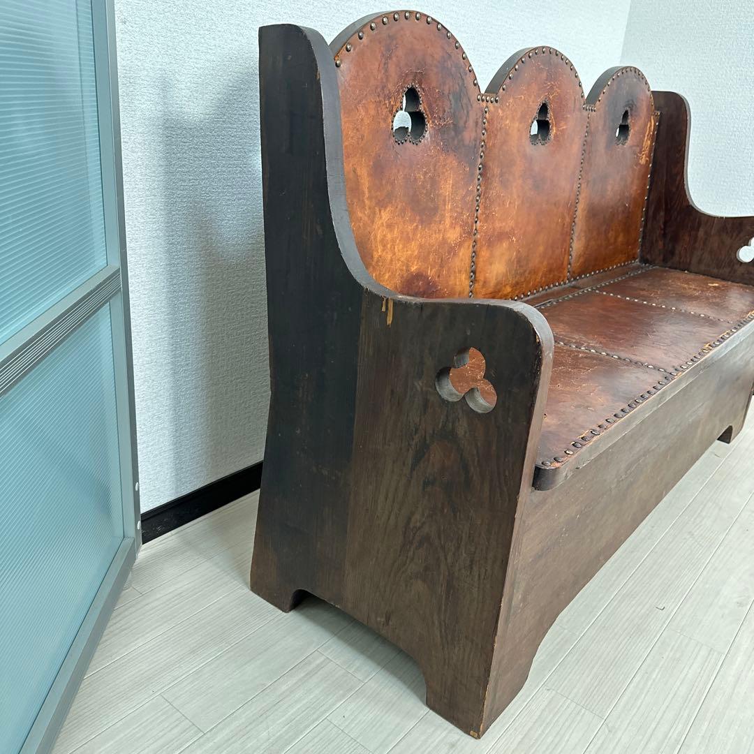 英国 アンティーク チャーチベンチ 木製 レザーシート 単鋲 iso※
