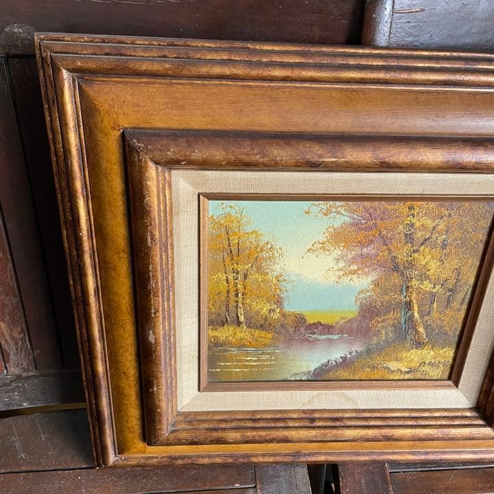 豪華！アンティーク絵画　油彩　アメリカ　森林と川風景画Antiqueヴィンテージ