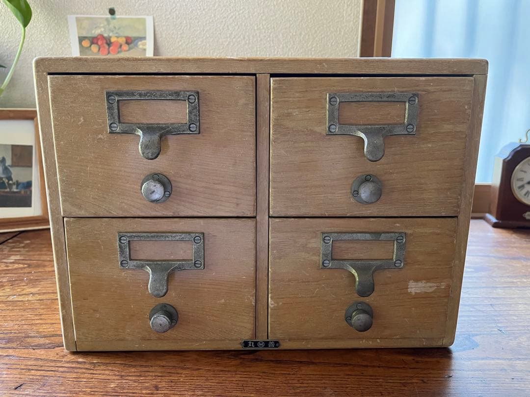 ヴィンテージ　図書館　カード棚　木製引き出し　ドロワー 4段