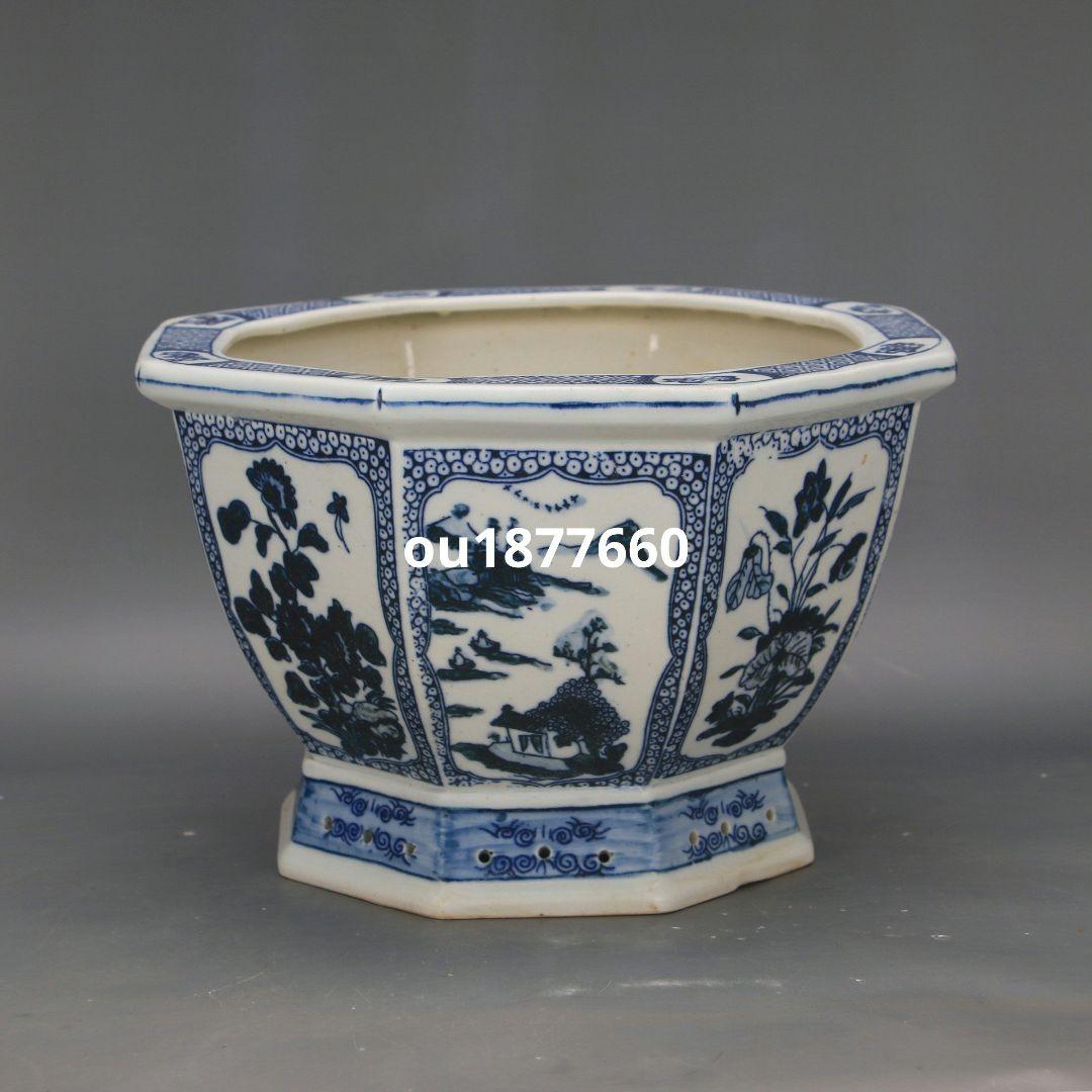 青花開窓山水花紋八方鉢 山野草鉢 多肉植物 植木鉢 小品大品盆栽鉢 陶器鉢置物