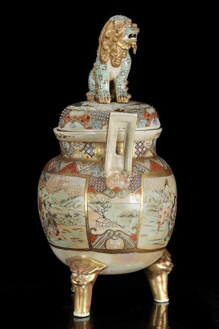 薩摩焼 金襴手金彩色絵 武者人物図 獅子摘三足大香炉 62㎝ 共箱 古美術 骨董