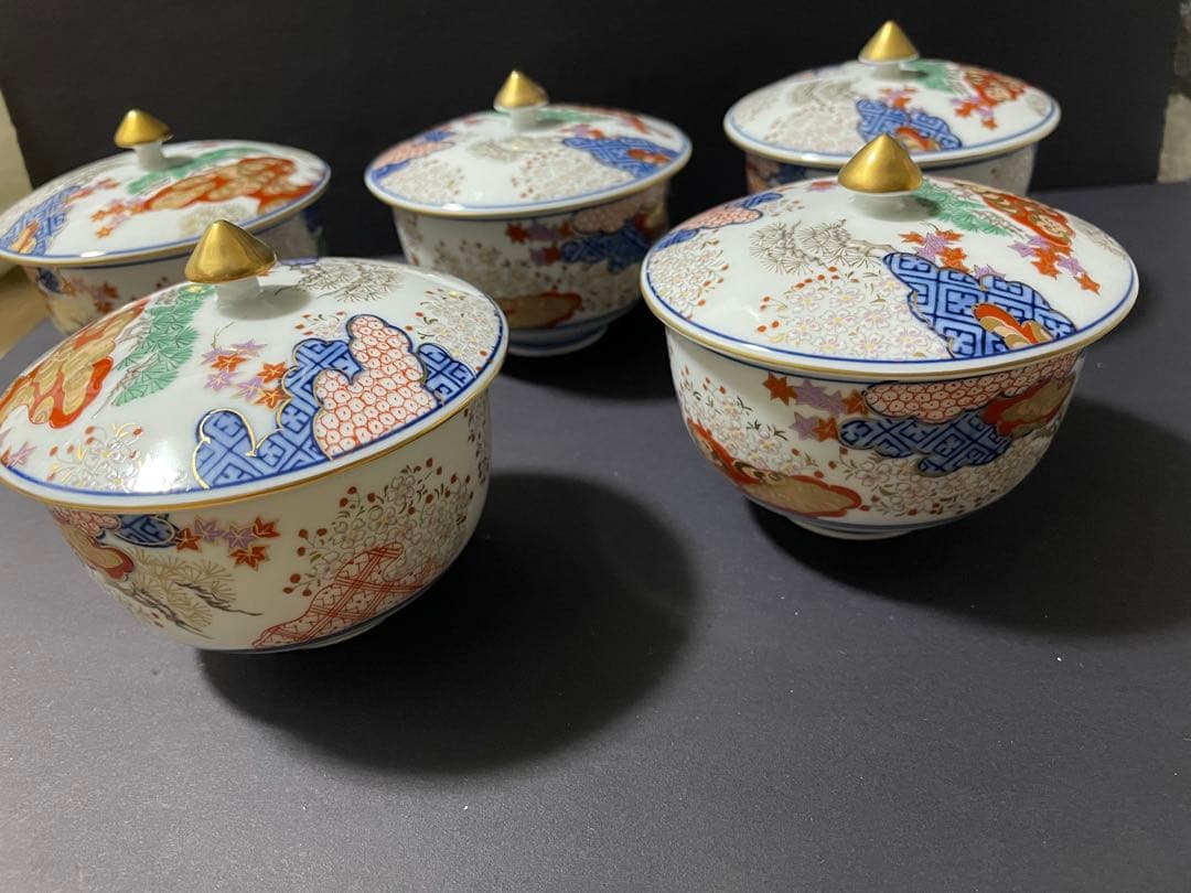 賞美堂 其泉窯染錦 春秋文汲み出し（蓋付き湯呑み）5点セット共箱付き