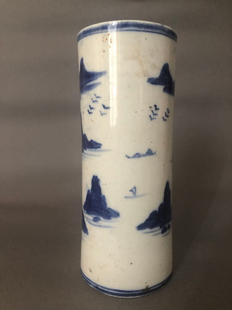 中国骨董　陶器　清朝　花瓶 花器　染付山水花瓶 骨董