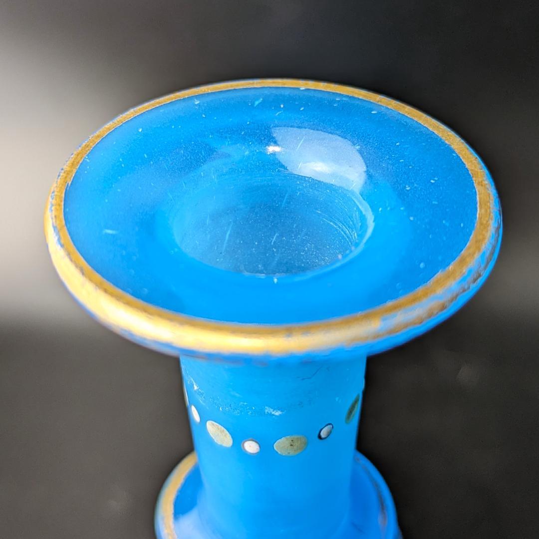 オールドバカラ 青オパーリンガラス 大型香水瓶 エナメル＆金彩ジュエル紋