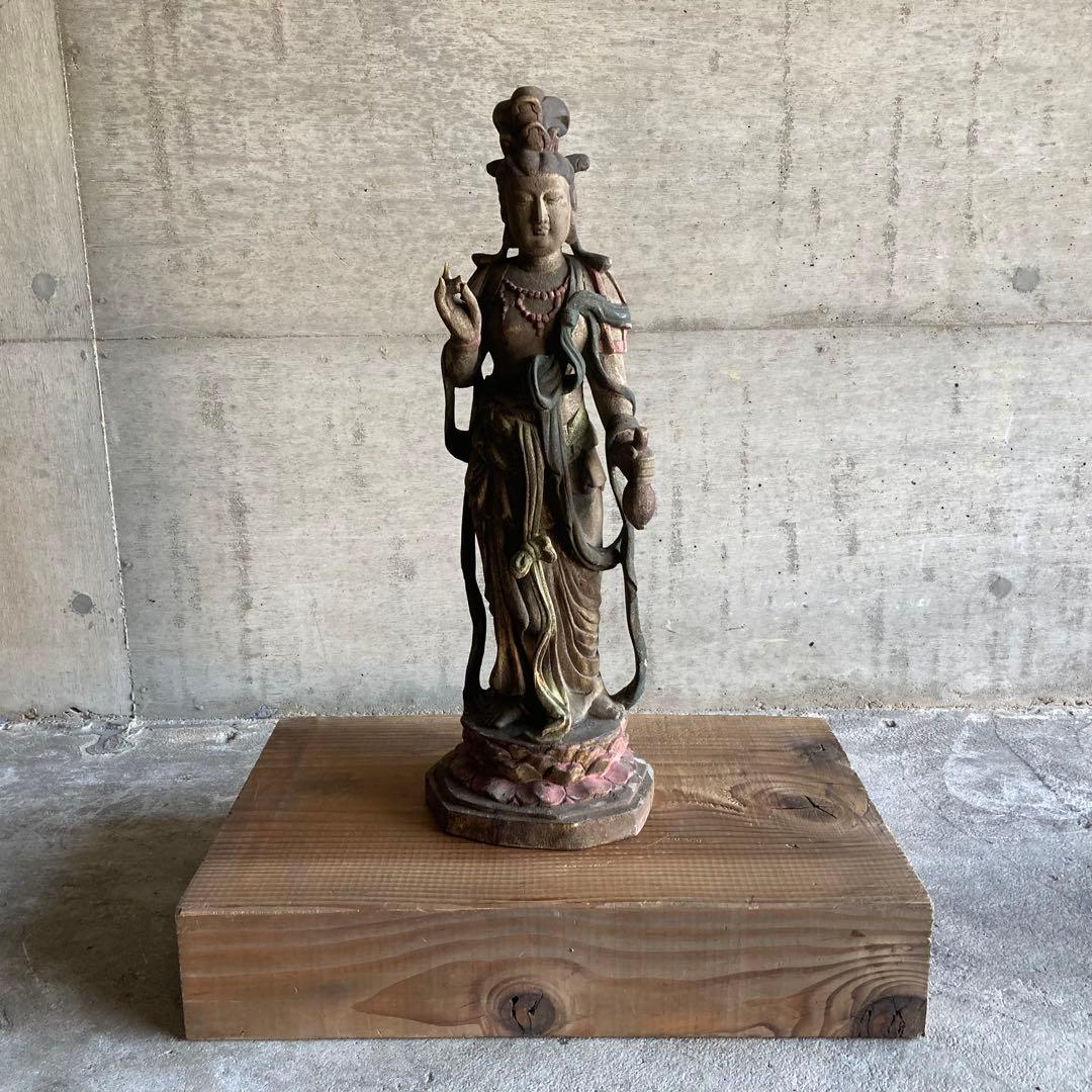 古い仏像 観音菩薩 立像 木製 木彫り 彫刻 置物 古美術 骨董品 レトロ