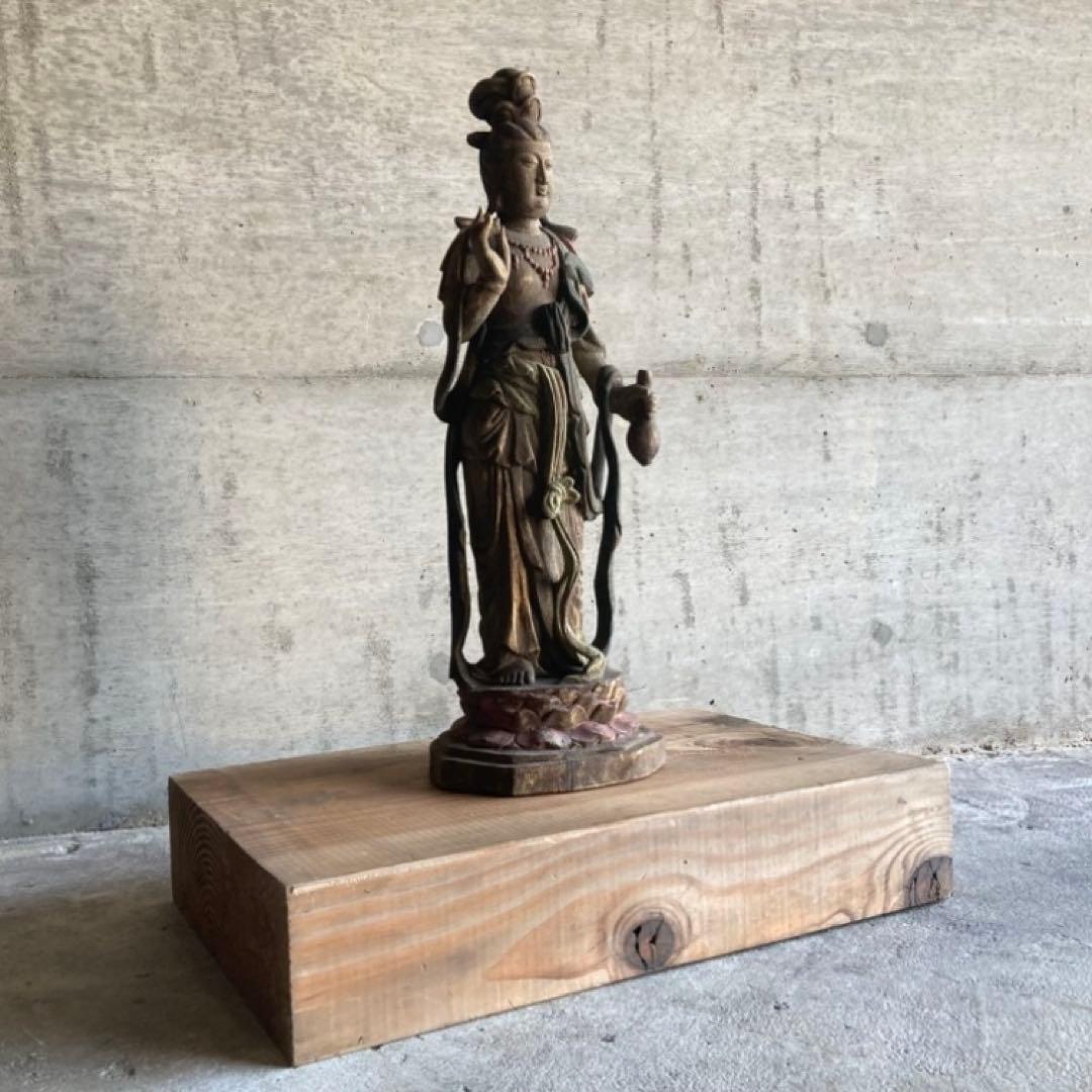 古い仏像 観音菩薩 立像 木製 木彫り 彫刻 置物 古美術 骨董品 レトロ