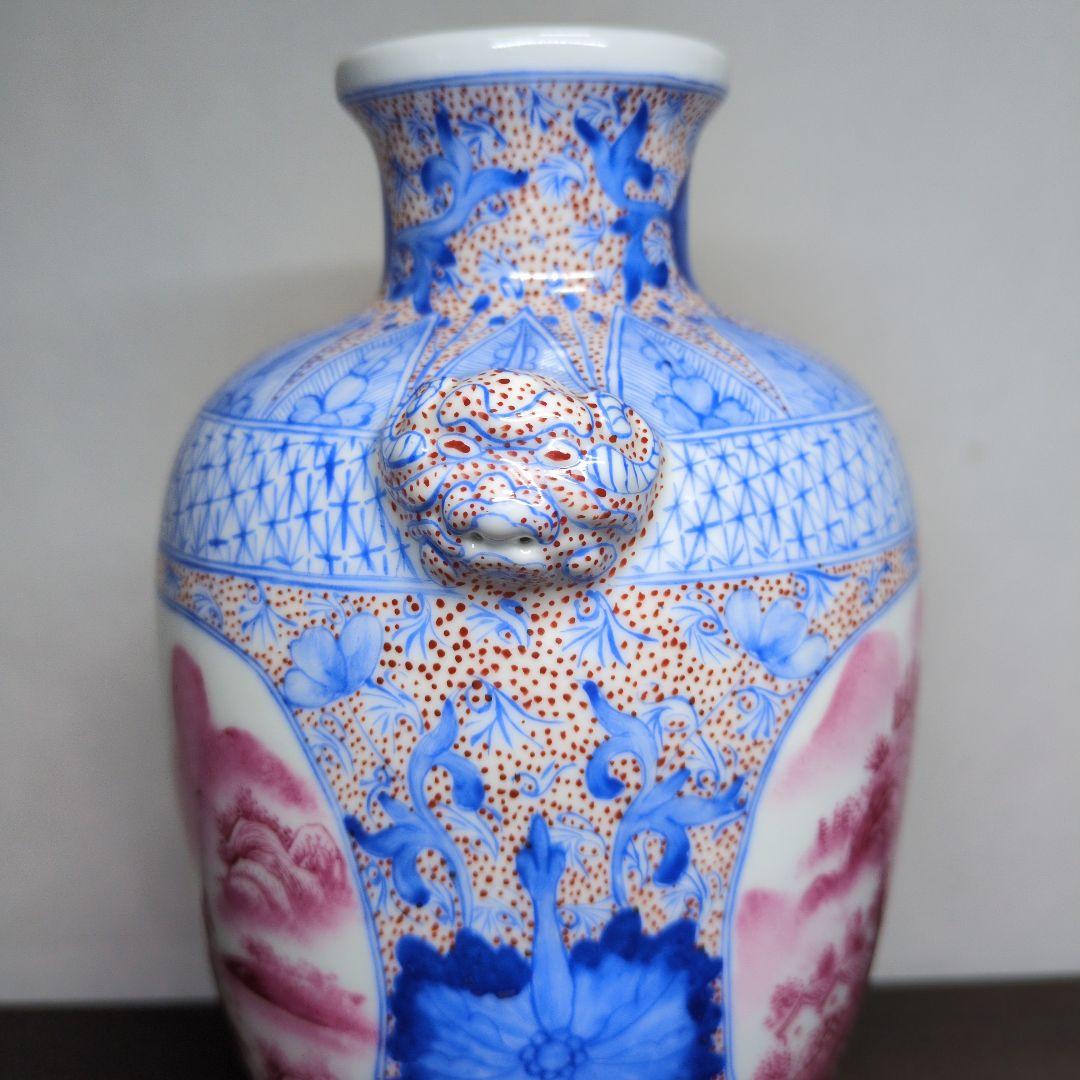 居仁堂製 色絵 窓絵 山水文 獣耳付 瓶 高さ約24.5cm