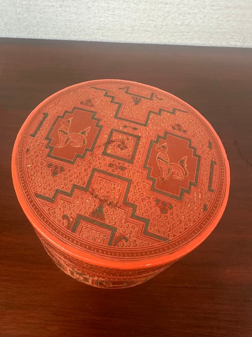 ミャンマー アンティーク 漆器 蒟醤 ビルマ 細密画 3段入れ子容器 ※31※