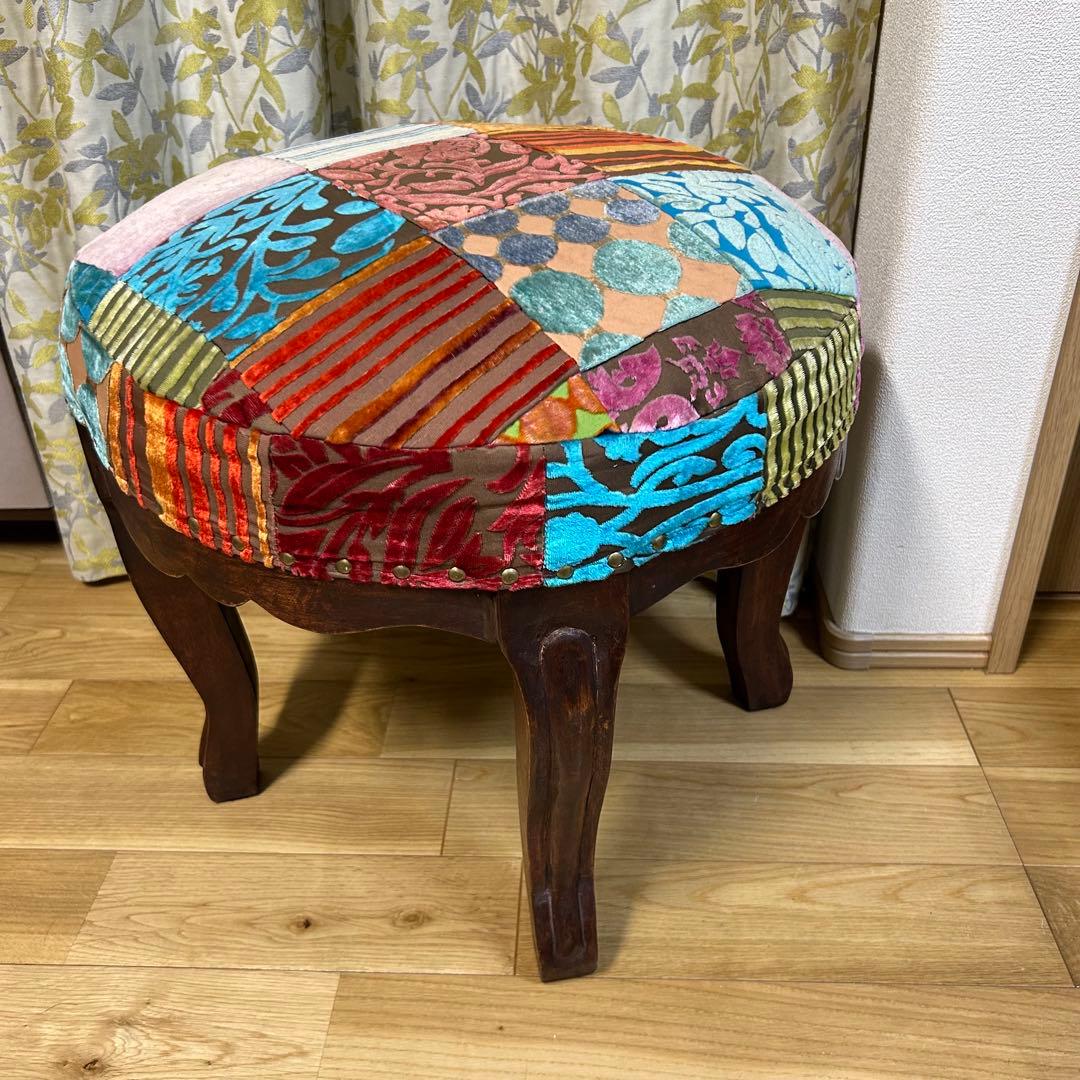 北欧 木製 スツールパッチワーク アンティーク調 チェアー