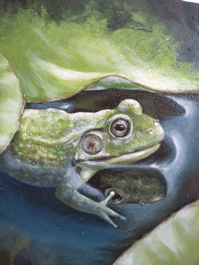 カエルの油絵【水鏡】1点物の原画◆作者サイン入り◆F3号キャンバス