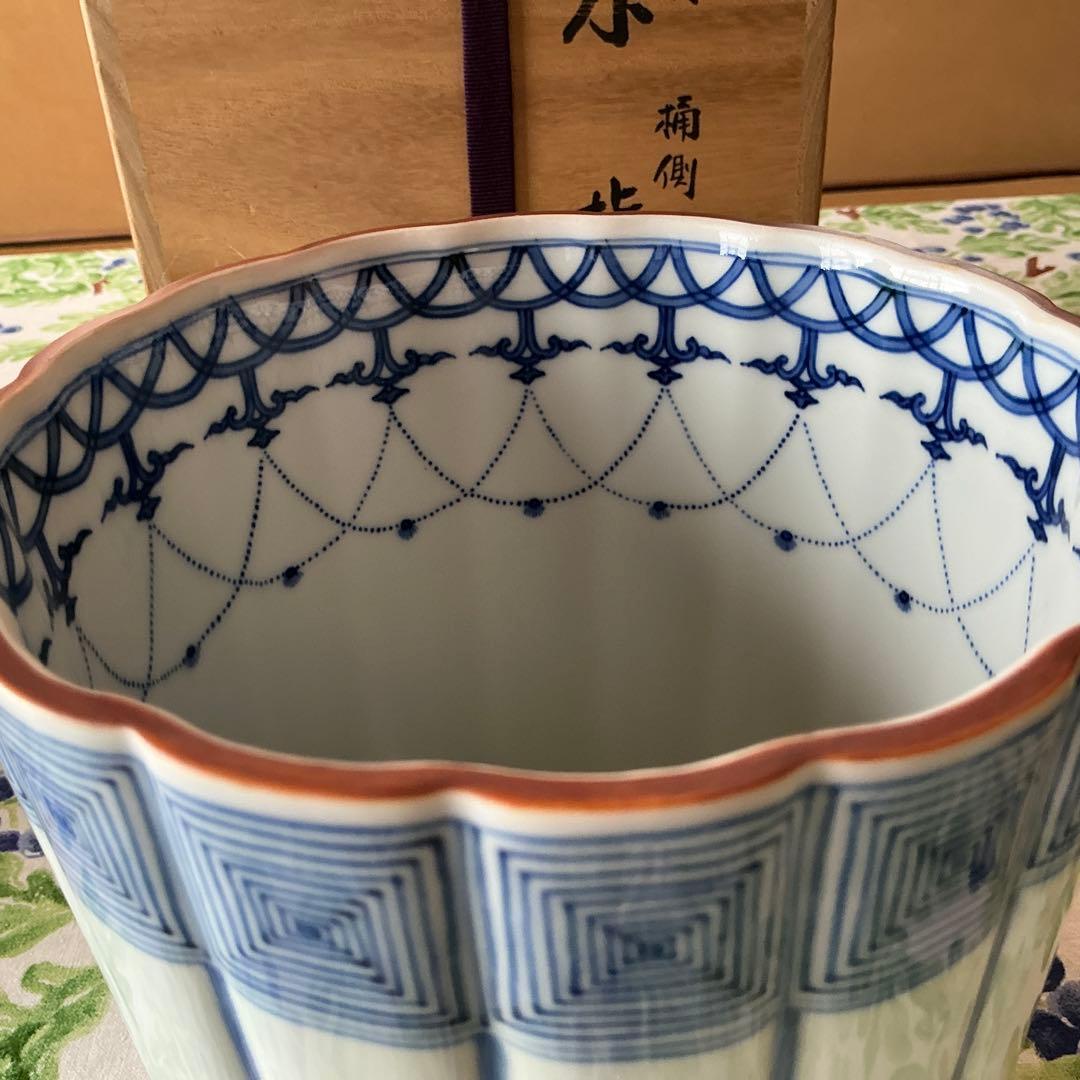 西村徳泉造　桶川染付水指　輪花口　紫翠窯