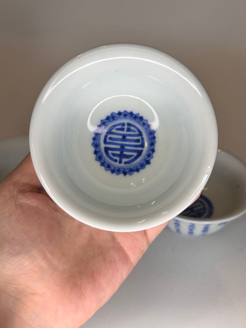 清時代　青花　染付　人物泛舟文　盃　三点組　詩文有　中国古美術