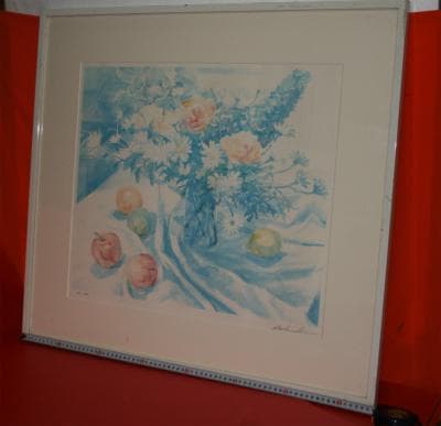 ★国仲真由美★綺麗なリトグラフ★『卓上の静物：ガラス花瓶の花束とりんご』です。★