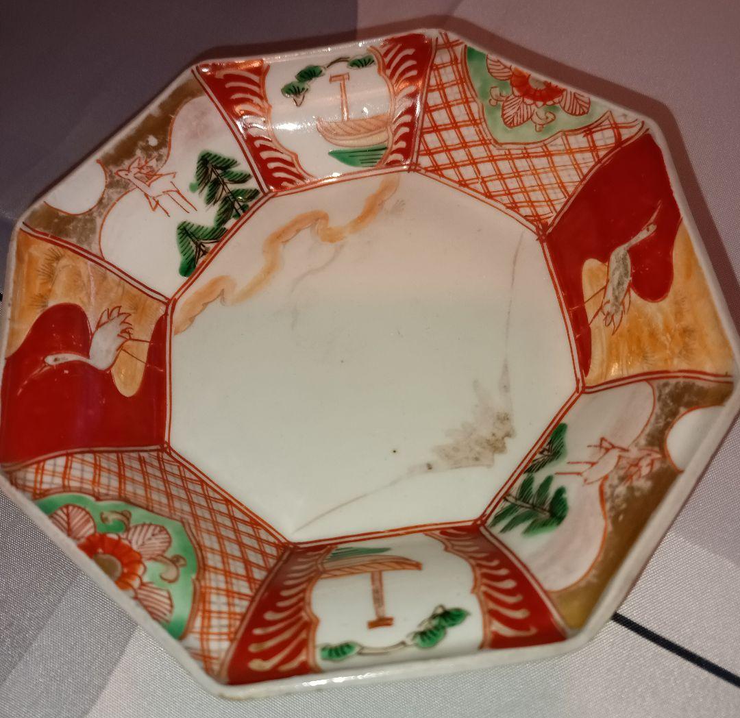 小伊万里焼　八角鉢　江戸時代後期　鶴亀　松竹梅　富士の図　吉祥文