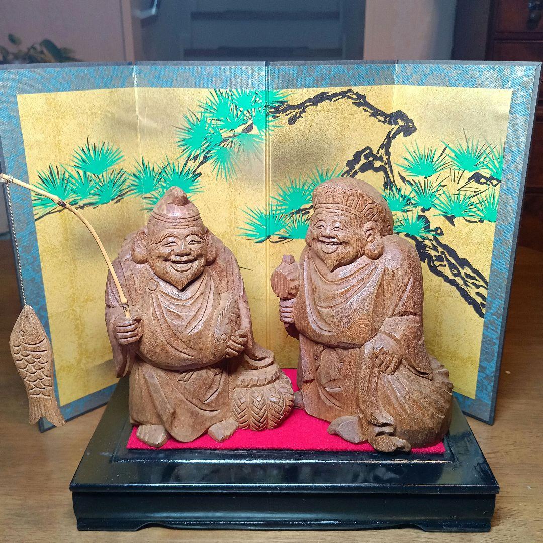 骨董品　恵比寿:大黒　木彫り置物　屏風&台座付き　希少セット