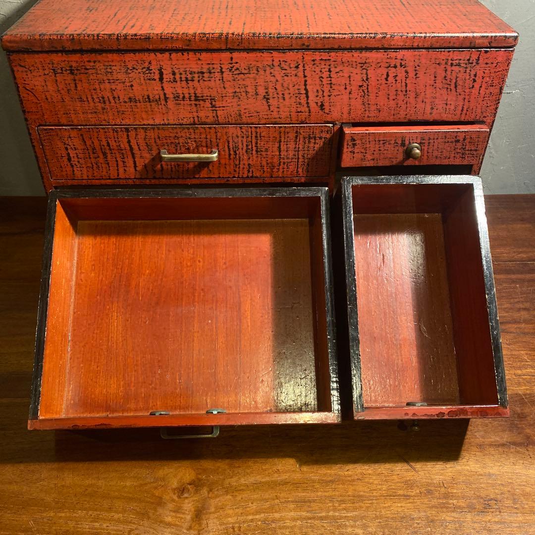 昭和レトロ 漆塗り針箱 小引き出し 裁縫箱 五杯 絣 漆芸 骨董品 古道具