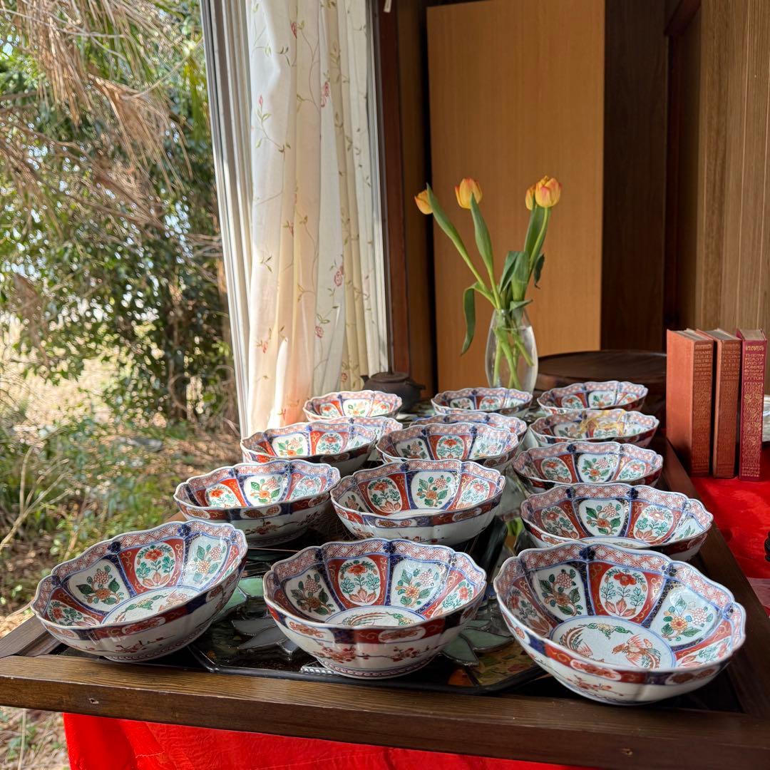 2189様感謝‼️節目に明治上手柿右衛門手『桐花鳳凰文様』切支丹皿松梅桐菊5客