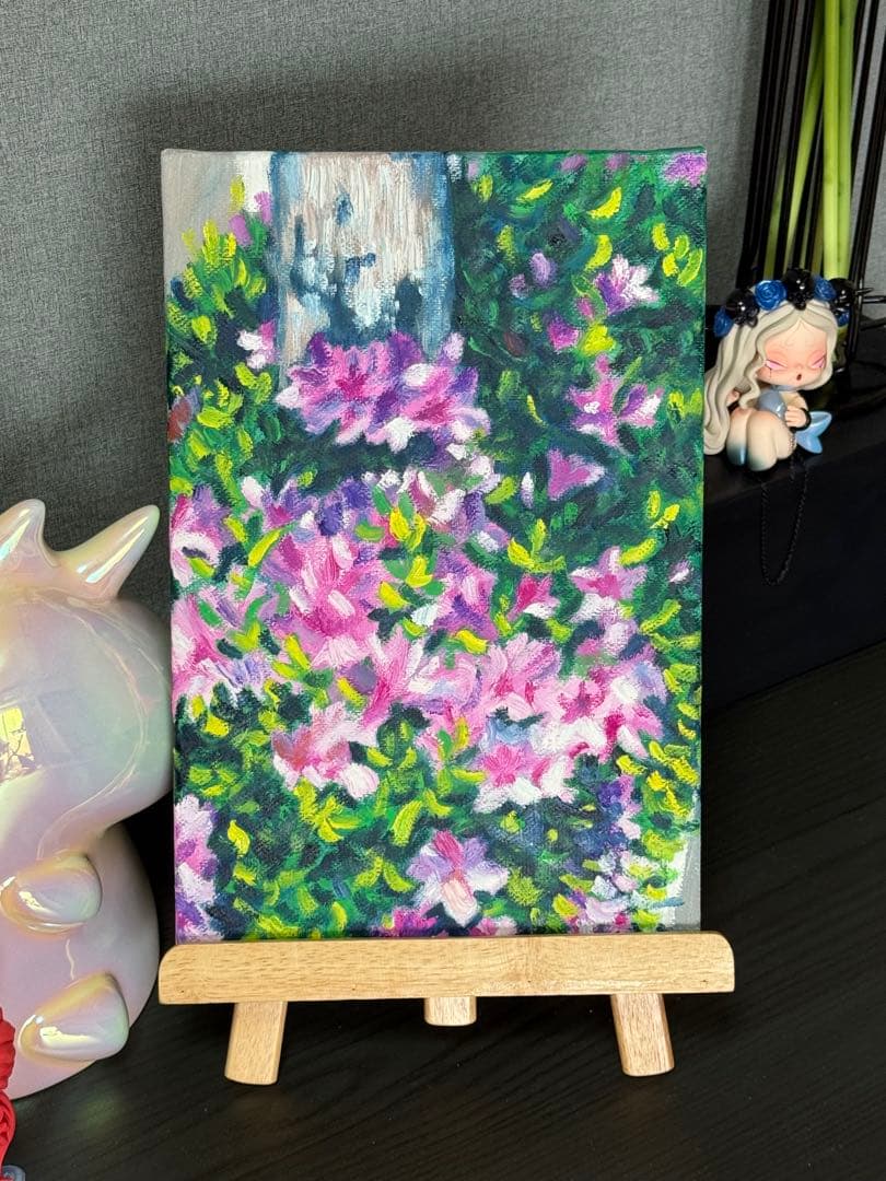 「陽光とツツジ」　手描き　油絵　風景画　原画　油彩画　印象派　花