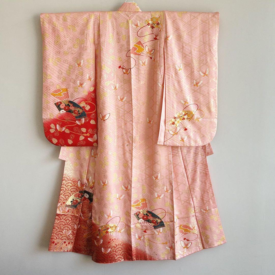 フルセット　七五三７歳女の子ピンク地　桜扇蝶　オレンジ袋帯　絹長襦袢7123